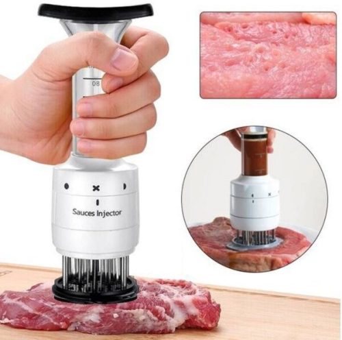 Fűszer és pác adagoló, rozsdamentes acélpengékkel húspuhító injektor