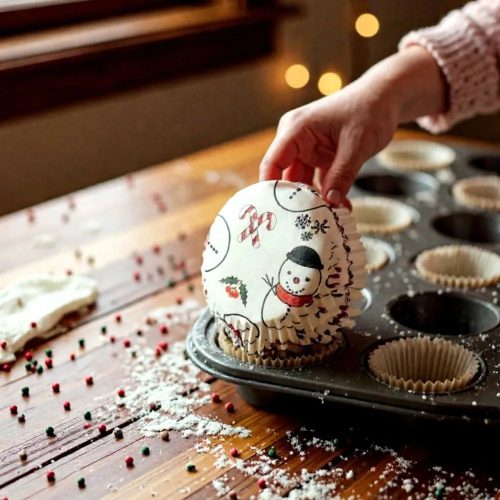 Karácsonyi muffin kapszlik – 75 db (Fehér, hóember mintás)