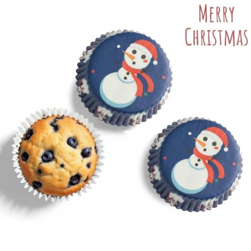Karácsonyi muffin kapszlik – 75 db (Kék, hóember mintás)